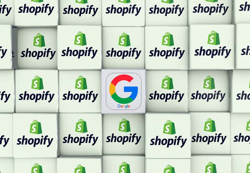 Logo de Shopify rodeado por logos de Google. SEO para Shopify.