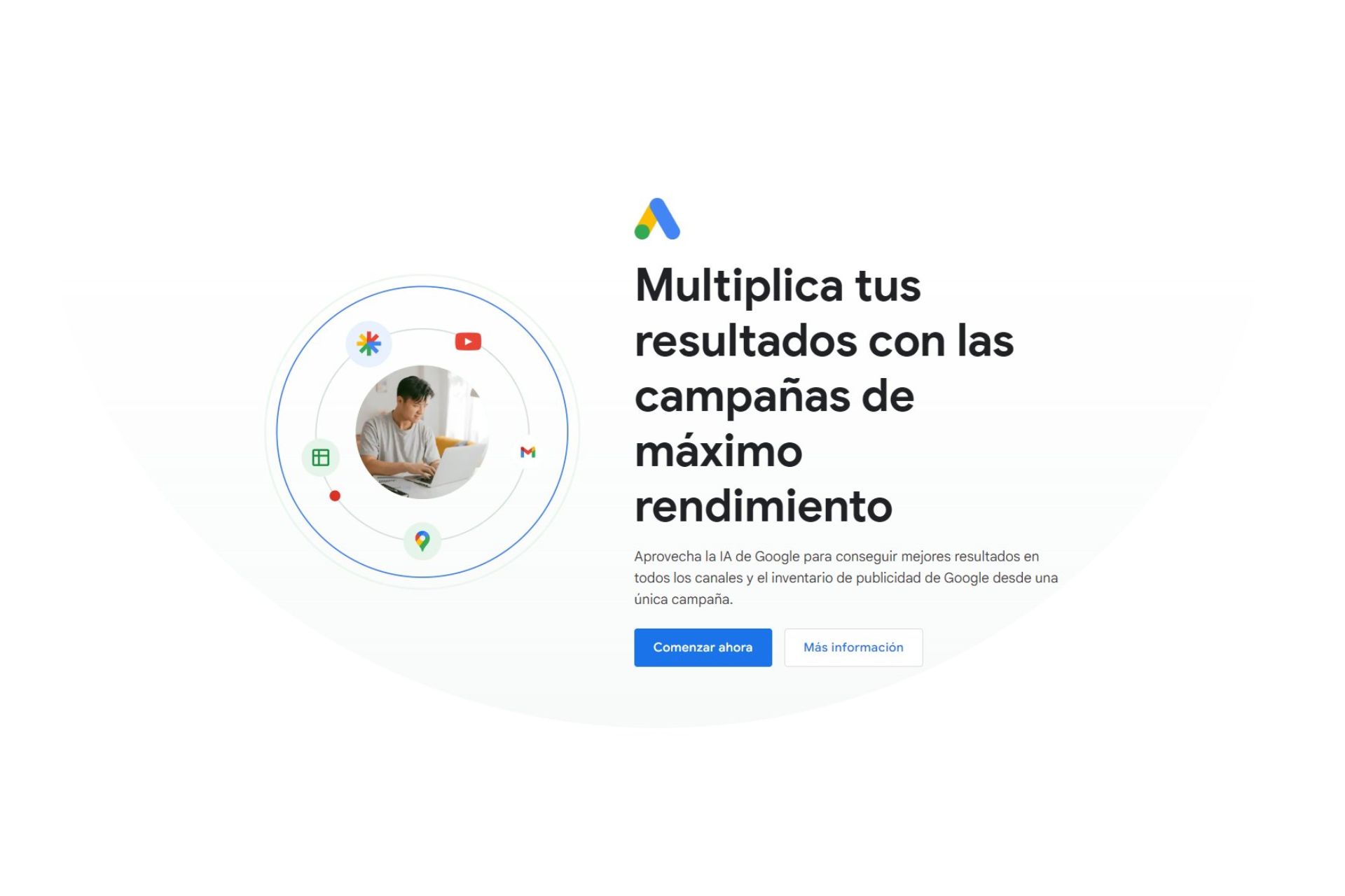 Imagen promocional de Google Ads en español con el texto "Multiplica tus resultados con las campañas de máximo rendimiento"